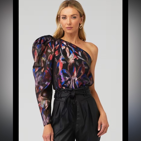 Sabina Musayev Tops - Sabina Musayev Shimmer One Shoulder Puff Sleeve Blouse. Size Small. Retail $215